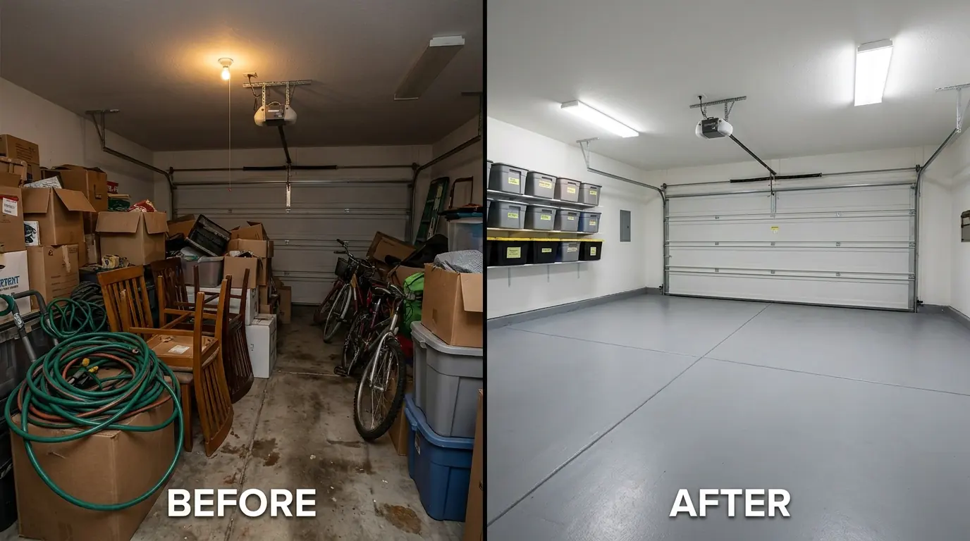Before and after view of a cleaned garage and storage space
