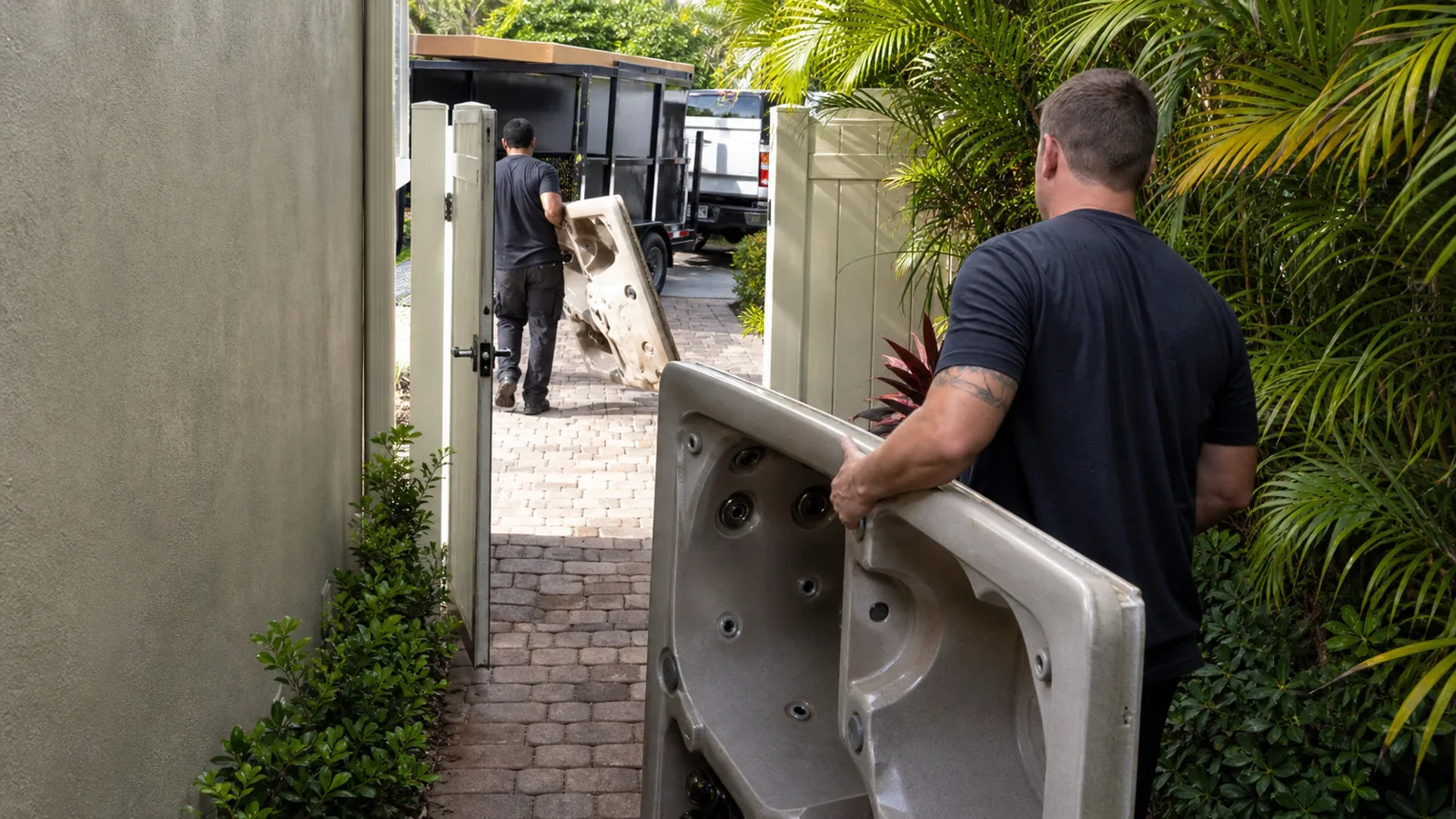 Hot tub shell sections carried through a Winter Park side gate