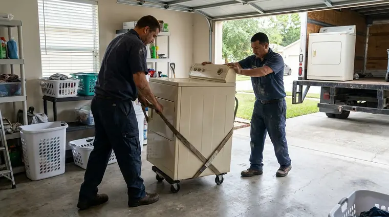 Workers moving an old washer and dryer for appliance pickup