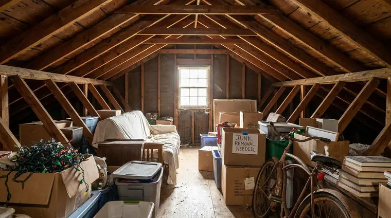 Attic cleanout with boxes, stored furniture, and household clutter ready for removal