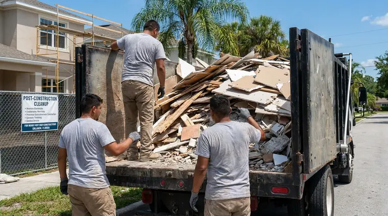 Debris removal crew loading lumber, drywall, and renovation scraps into a truck