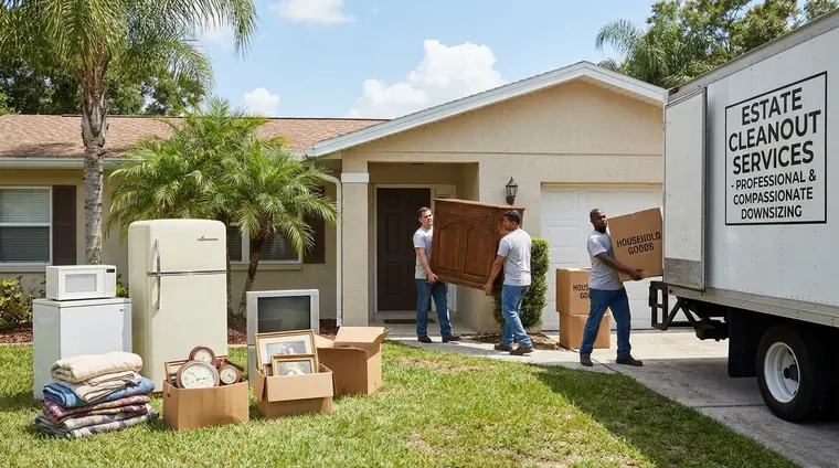 Estate cleanout crew loading household items into a box truck