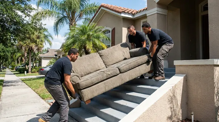Crew lifting a sofa out of a home for furniture removal