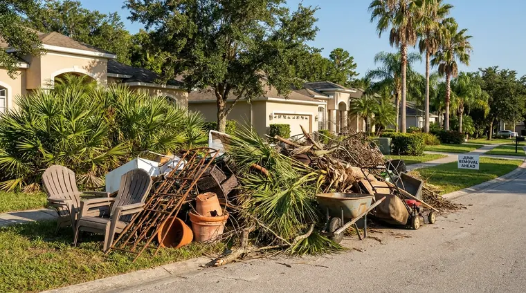 Palm fronds, branches, and outdoor debris staged for pickup